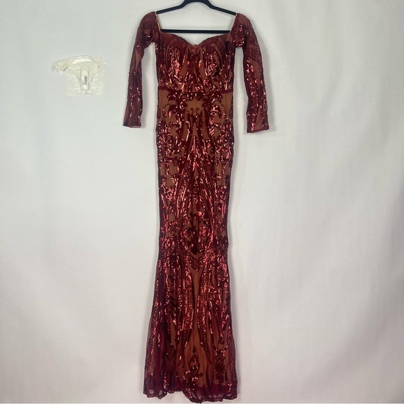 Miss Ord Red Burgundy Off Shoulder Long Sleeve Gown Dress Sequin Sz Small NWT - Picture 5 of 10